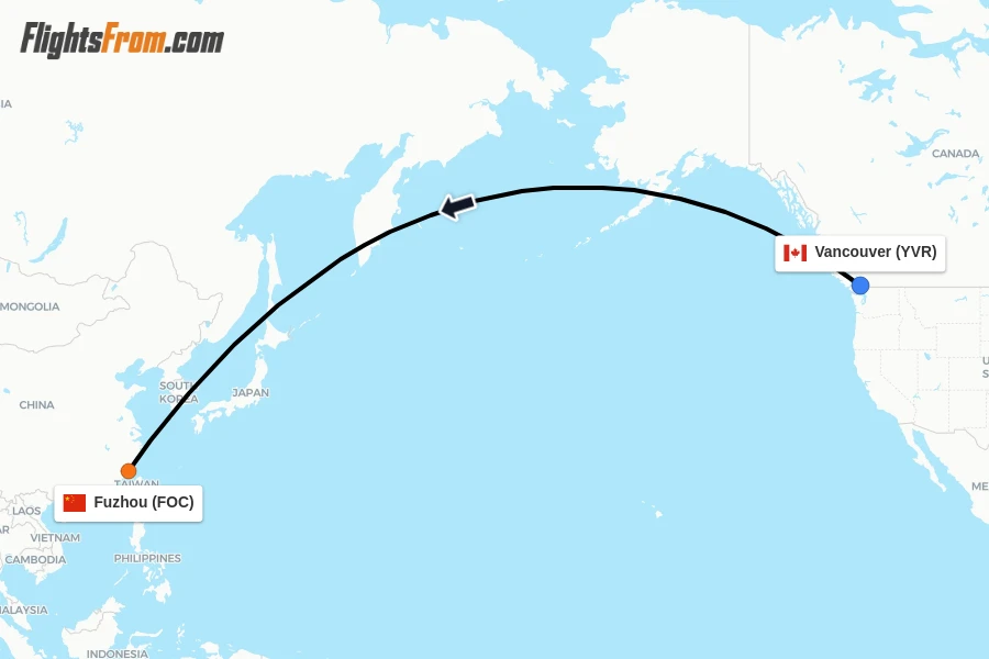 Flights from Vancouver to Fuzhou route map