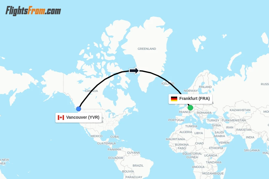 Flights from Vancouver to Frankfurt route map
