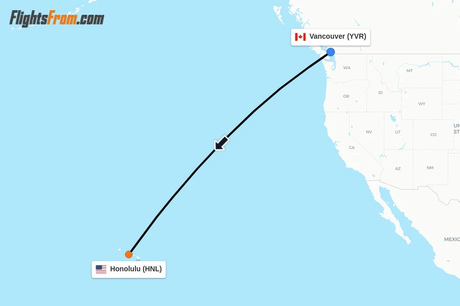 Flights from Vancouver to Honolulu route map