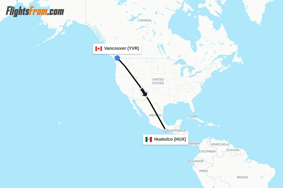 Flights from Vancouver to Huatulco route map