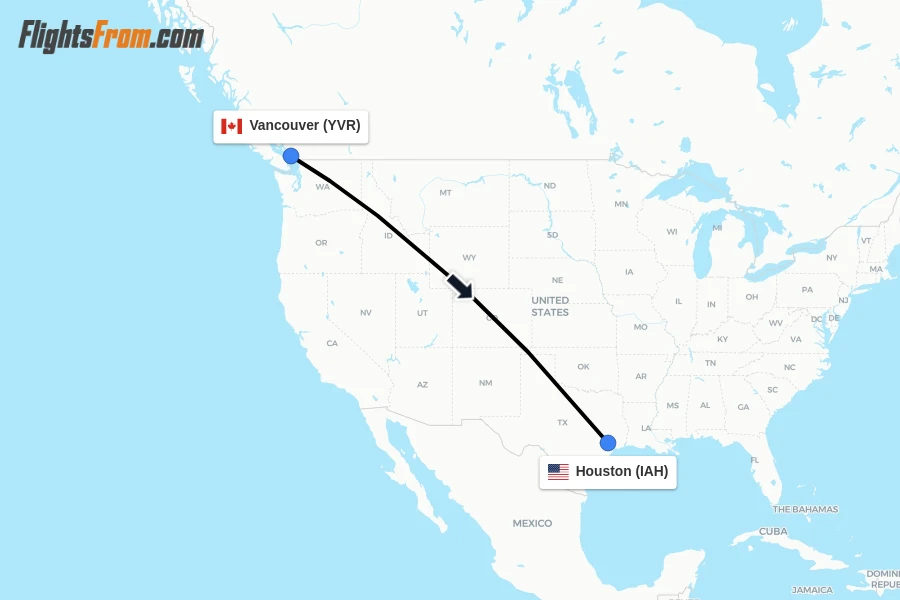 Flights from Vancouver to Houston route map