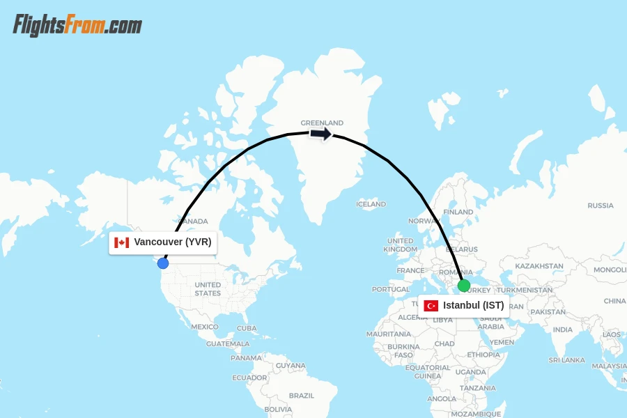 Flights from Vancouver to Istanbul route map