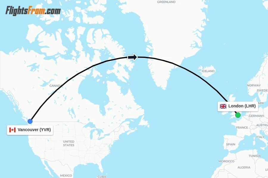 Flights from Vancouver to London route map