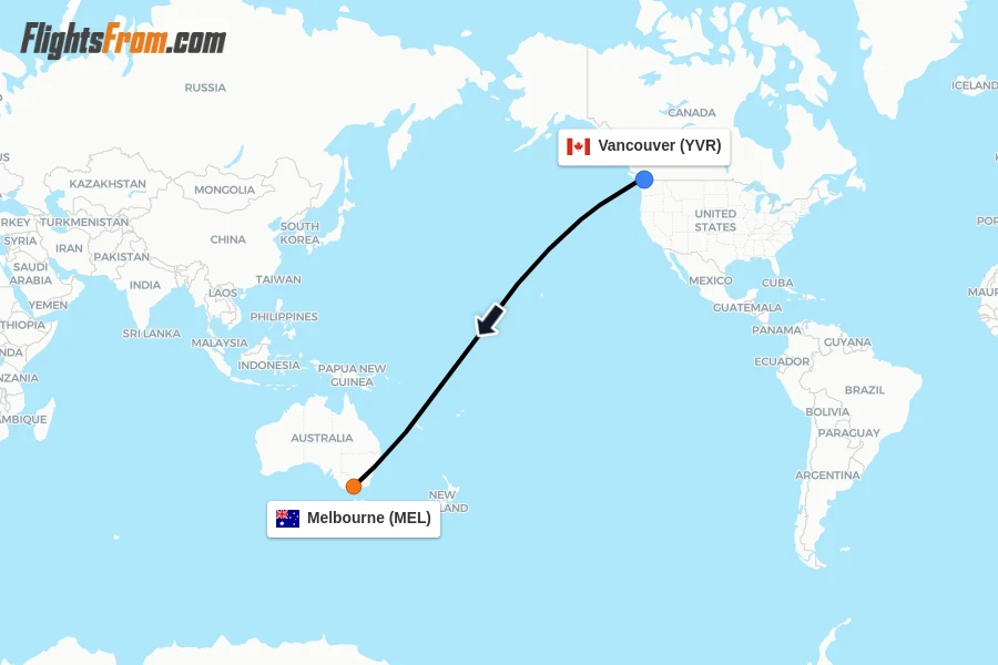 Flights from Vancouver to Melbourne route map
