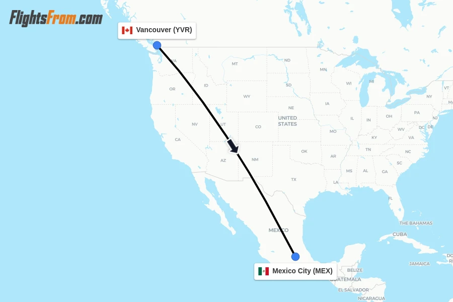 Flights from Vancouver to Mexico City route map