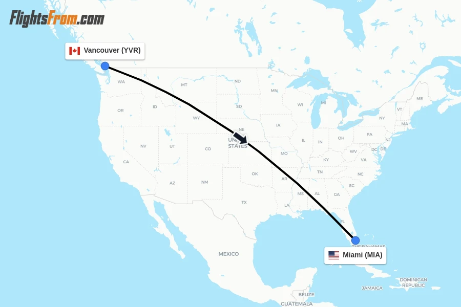 Flights from Vancouver to Miami route map