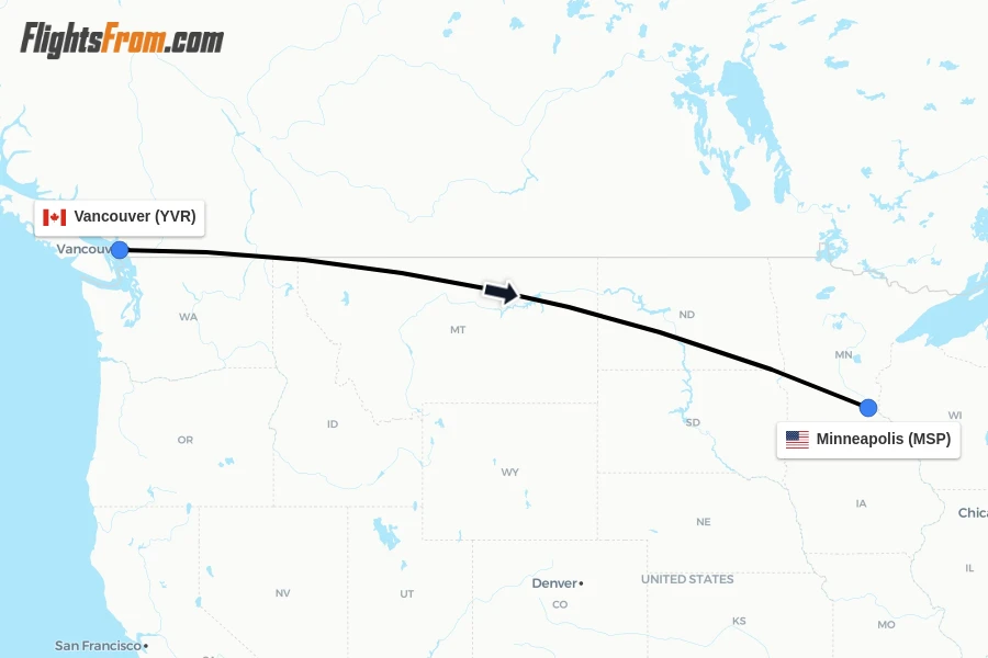 Flights from Vancouver to Minneapolis route map