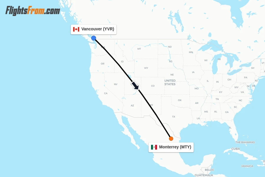 Flights from Vancouver to Monterrey route map