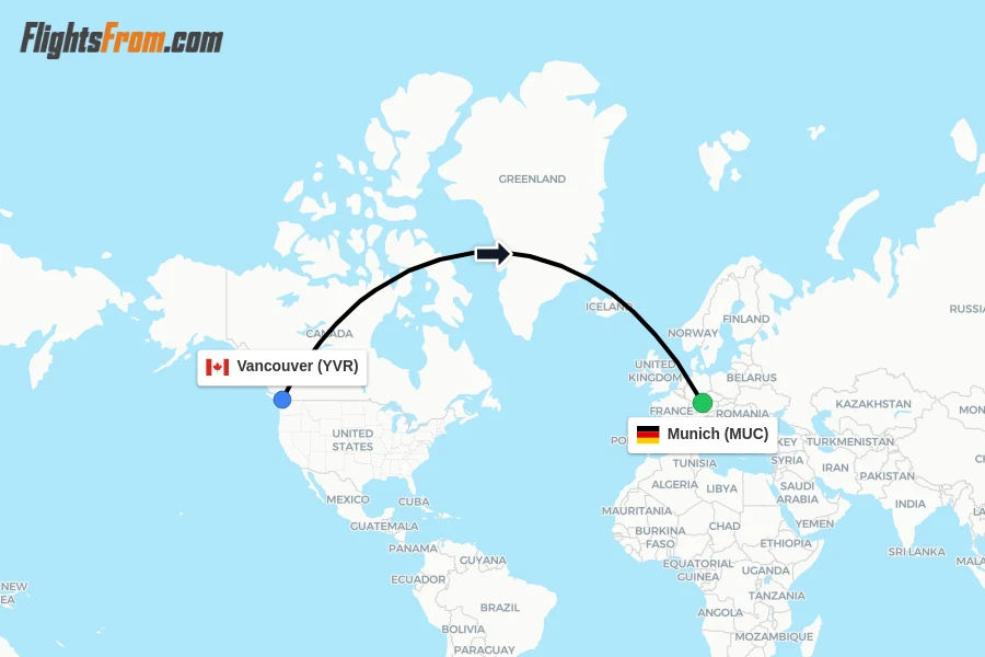 Flights from Vancouver to Munich route map