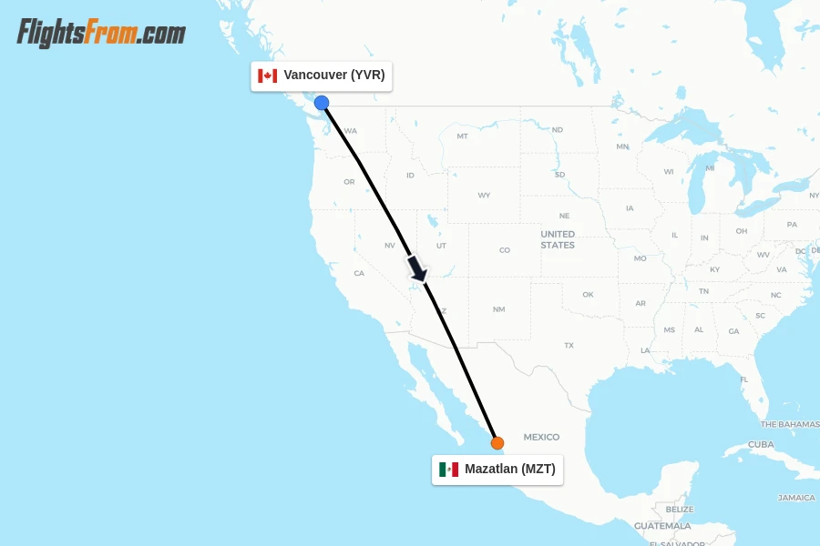 Flights from Vancouver to Mazatlan route map