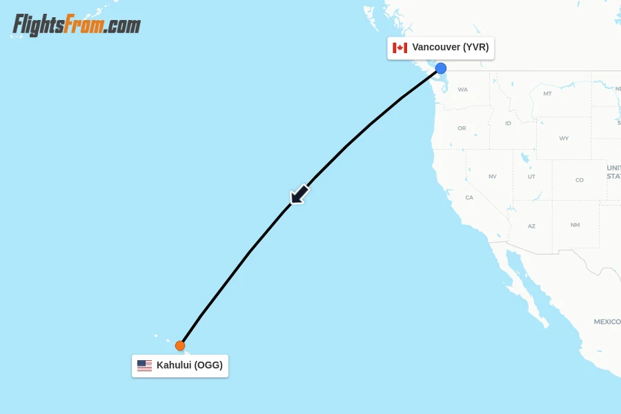 Flights from Vancouver to Kahului route map
