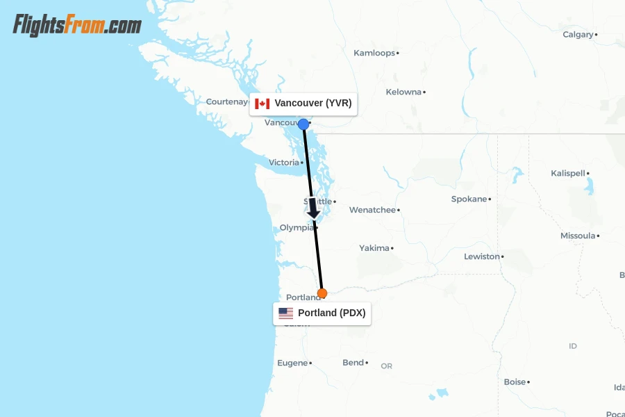 Flights from Vancouver to Portland route map