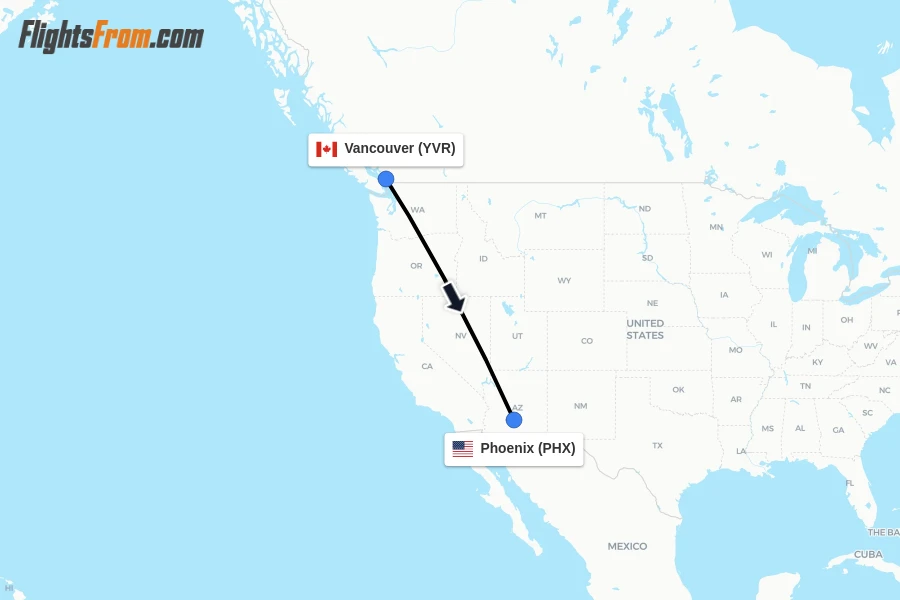 Flights from Vancouver to Phoenix route map