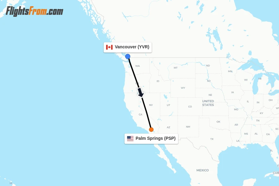 Flights from Vancouver to Palm Springs route map