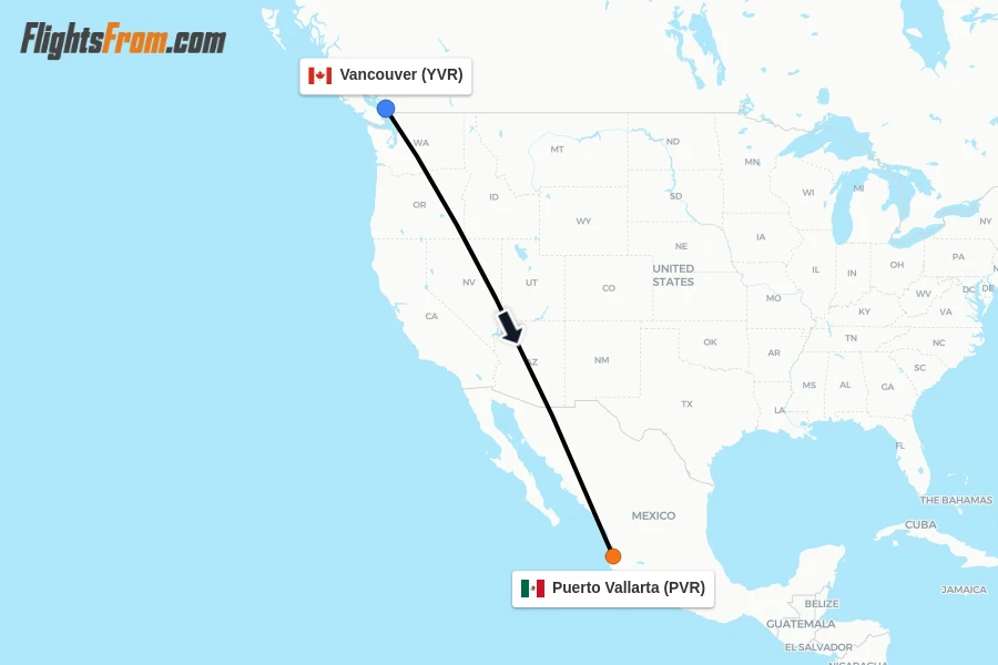 Flights from Vancouver to Puerto Vallarta route map