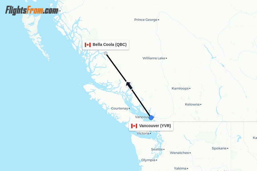 Flights from Vancouver to Bella Coola route map
