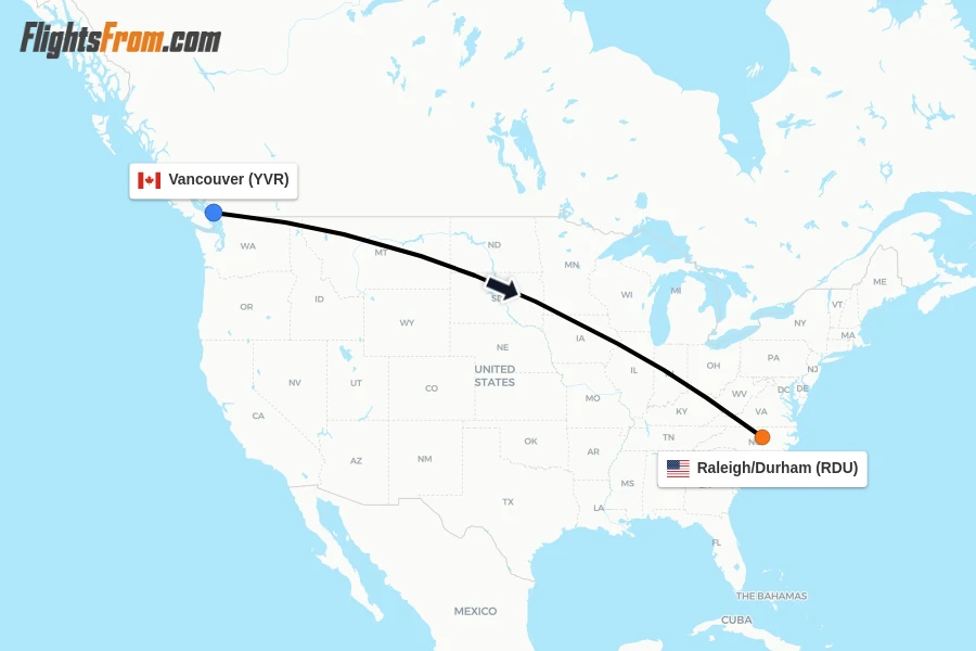 Flights from Vancouver to Raleigh/Durham route map
