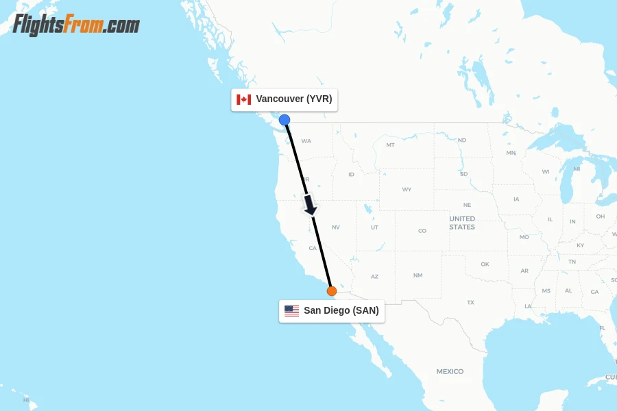 Flights from Vancouver to San Diego route map