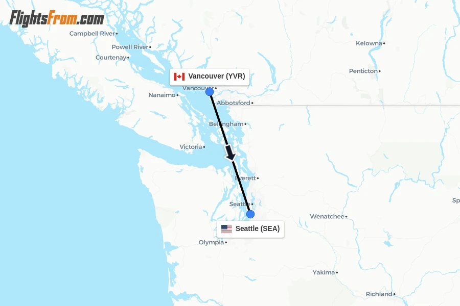 Flights from Vancouver to Seattle route map