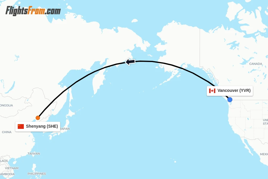 Flights from Vancouver to Shenyang route map