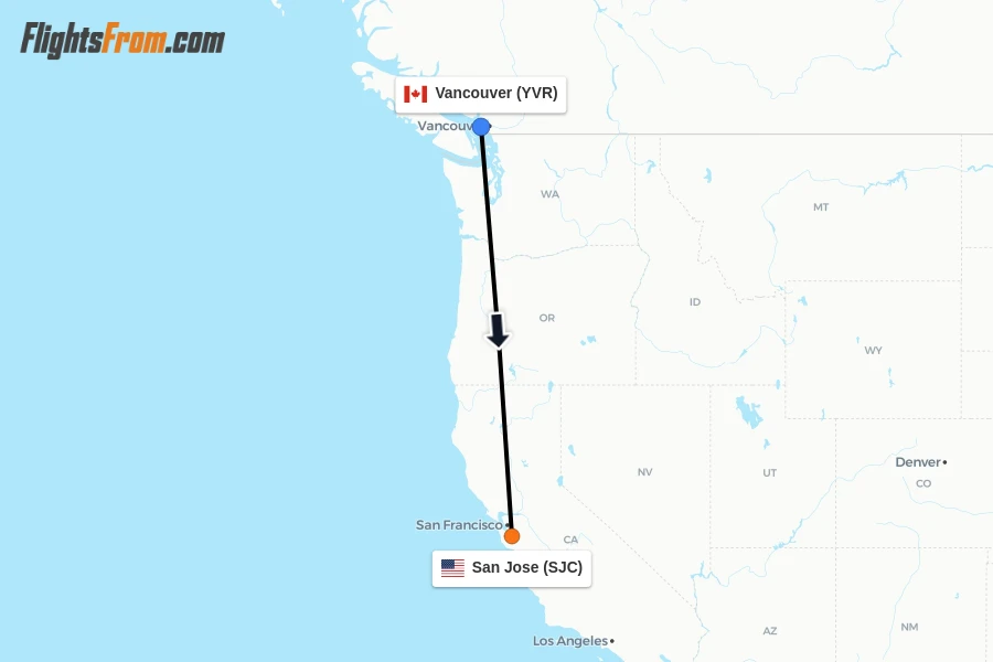 Flights from Vancouver to San Jose route map