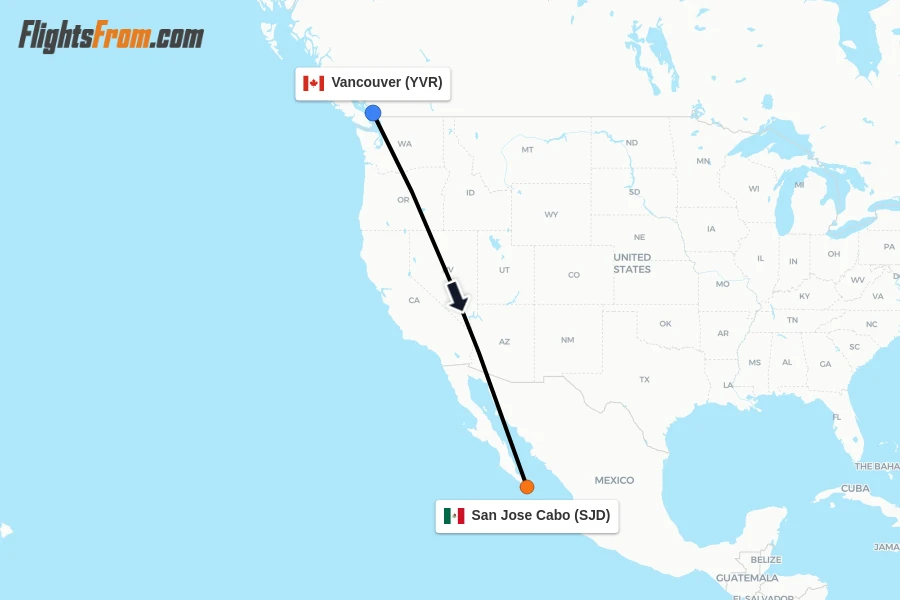 Flights from Vancouver to San Jose Cabo route map