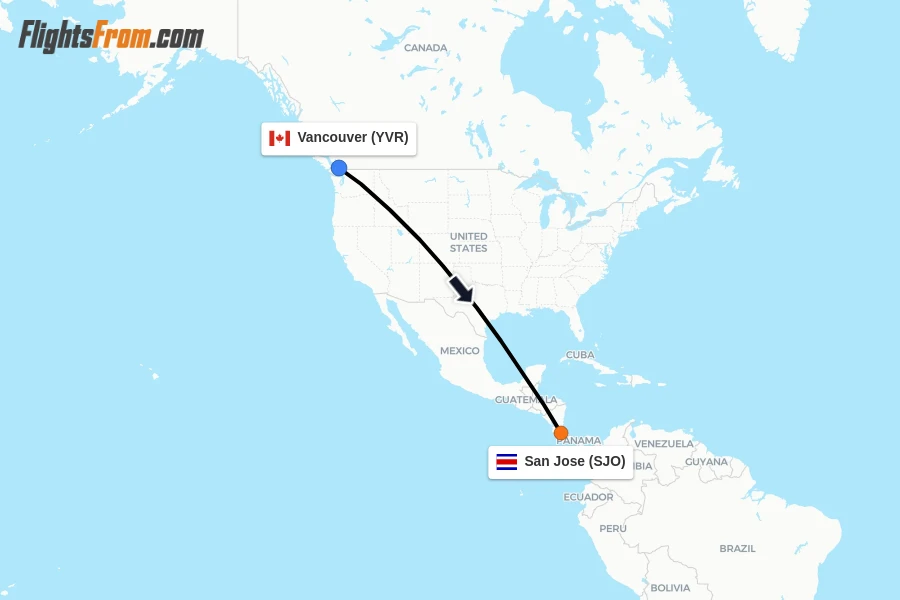 Flights from Vancouver to San Jose route map