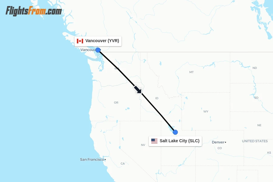 Flights from Vancouver to Salt Lake City route map