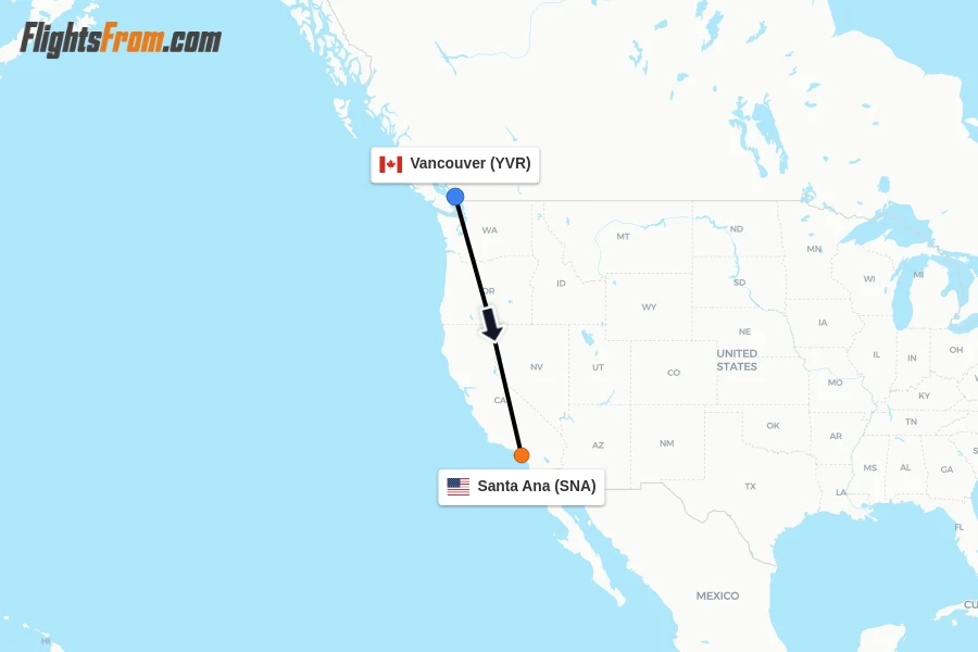 Flights from Vancouver to Santa Ana route map