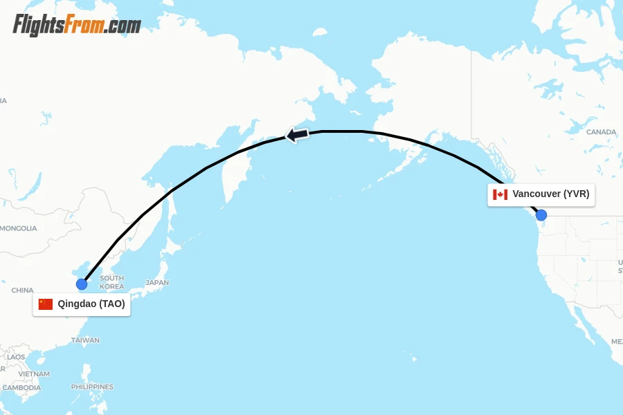 Flights from Vancouver to Qingdao route map