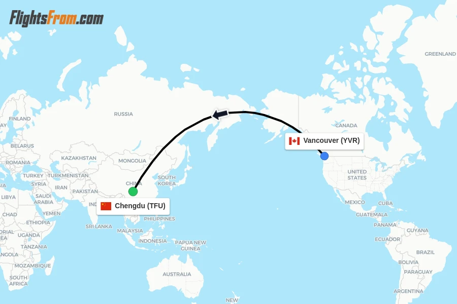 Flights from Vancouver to Chengdu route map