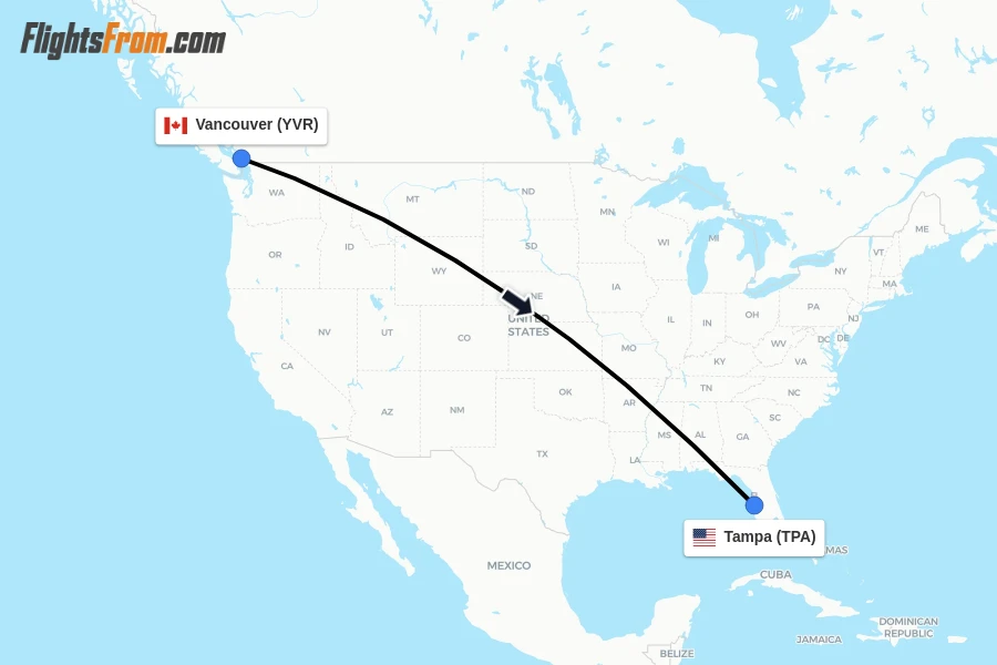 Flights from Vancouver to Tampa route map