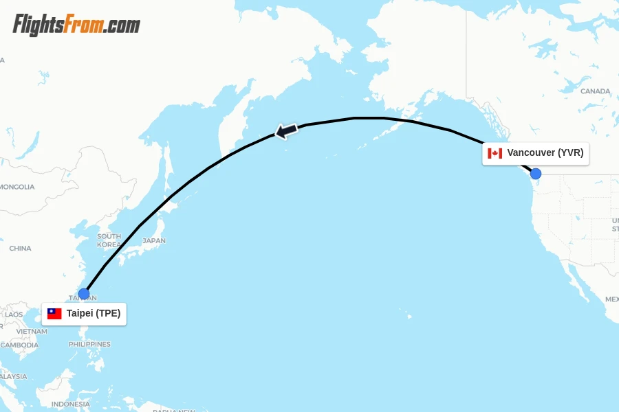 Flights from Vancouver to Taipei route map