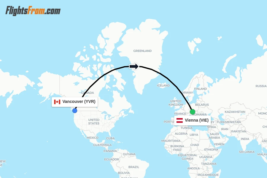 Flights from Vancouver to Vienna route map