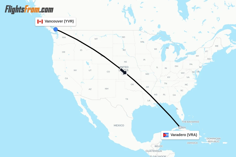 Flights from Vancouver to Varadero route map
