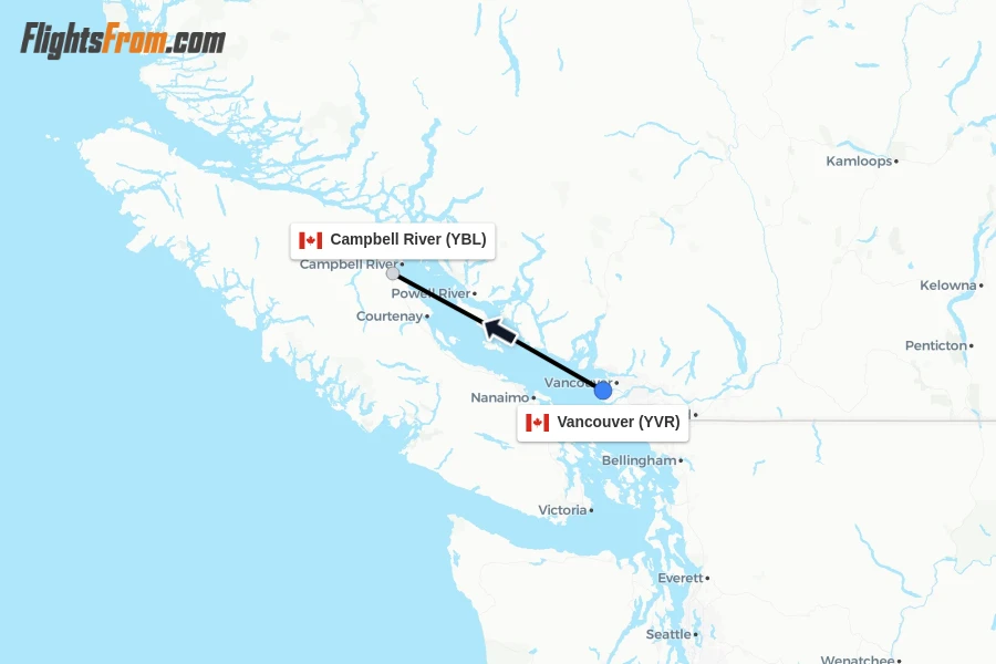 Flights from Vancouver to Campbell River route map