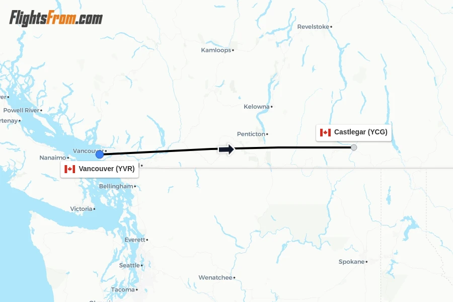 Flights from Vancouver to Castlegar route map