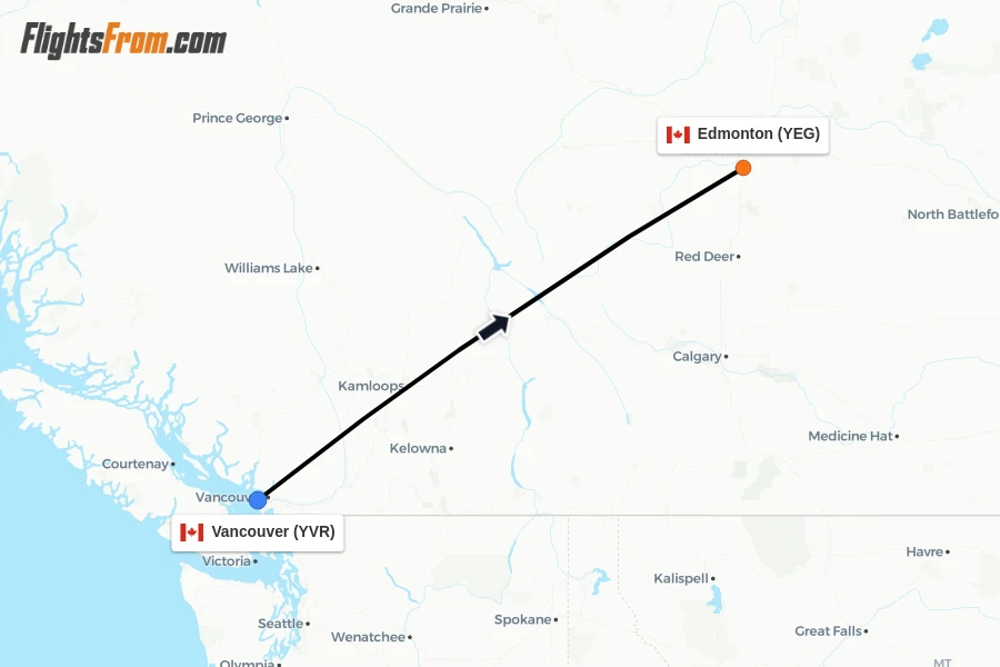 Flights from Vancouver to Edmonton route map