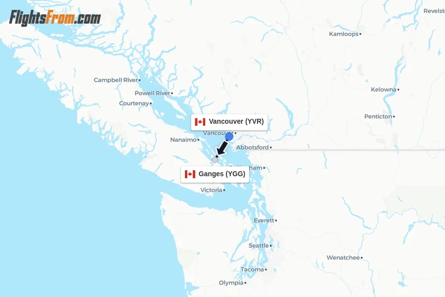 Flights from Vancouver to Ganges route map
