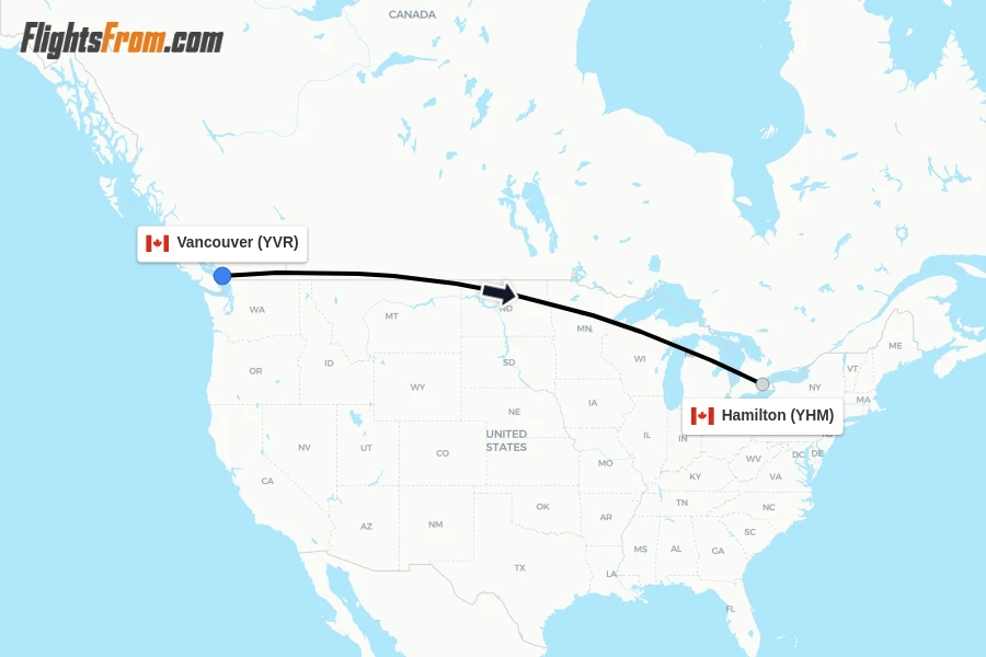 Flights from Vancouver to Hamilton route map
