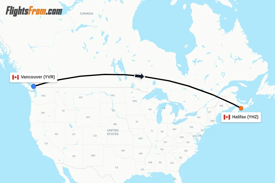 Flights from Vancouver to Halifax route map