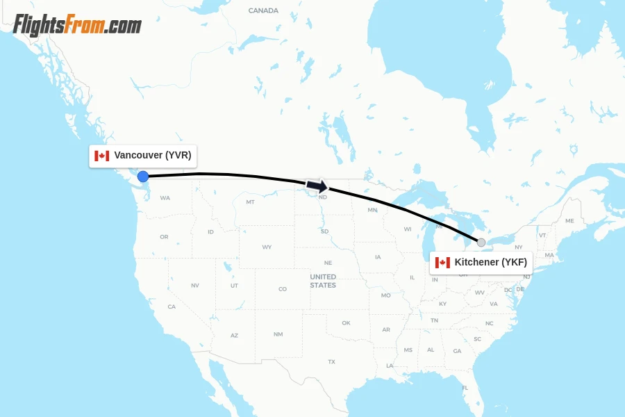 Flights from Vancouver to Kitchener route map