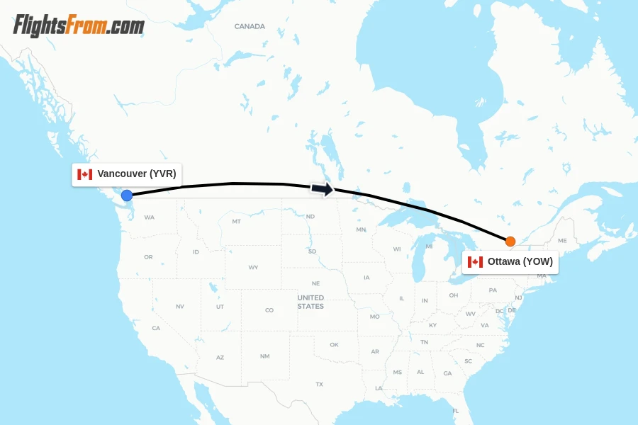 Flights from Vancouver to Ottawa route map