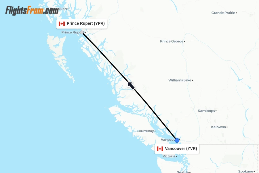 Flights from Vancouver to Prince Rupert route map