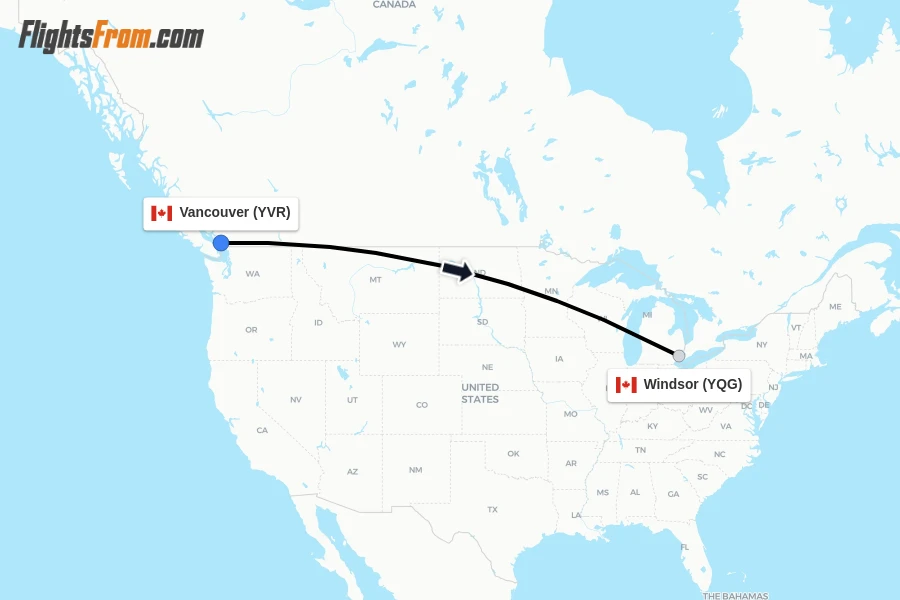 Flights from Vancouver to Windsor route map