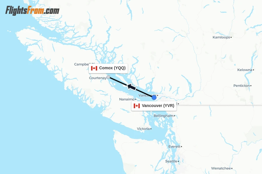 Flights from Vancouver to Comox route map