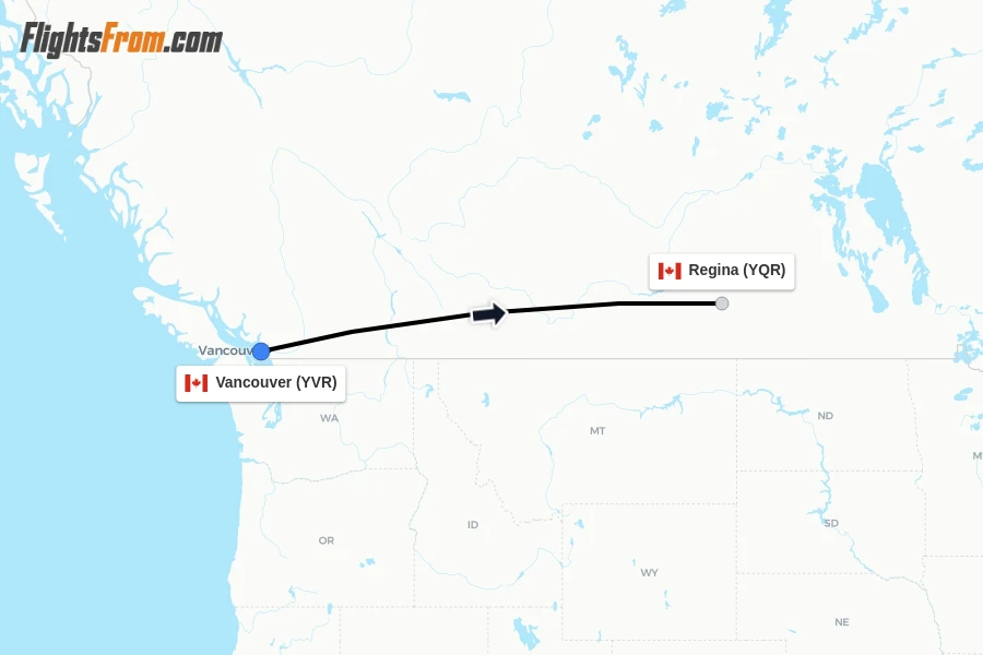 Flights from Vancouver to Regina route map