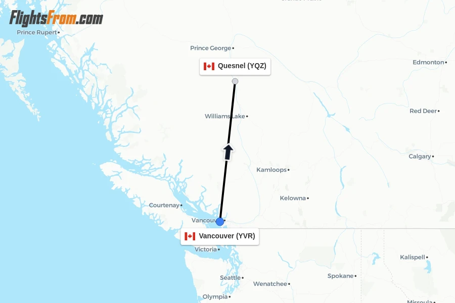 Flights from Vancouver to Quesnel route map