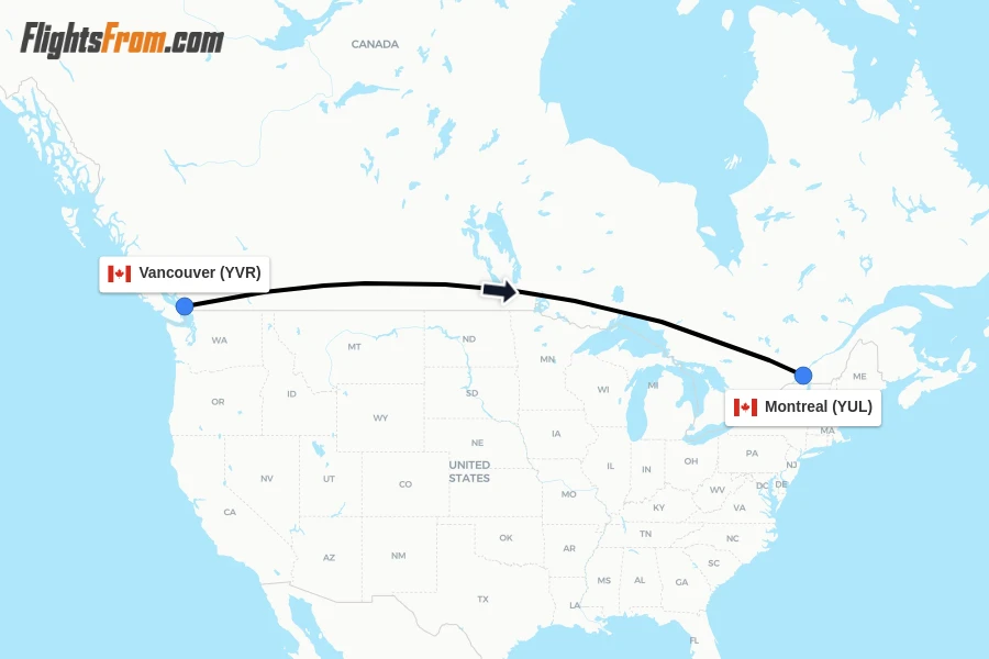 Flights from Vancouver to Montreal route map