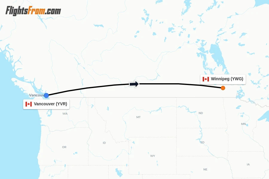 Flights from Vancouver to Winnipeg route map